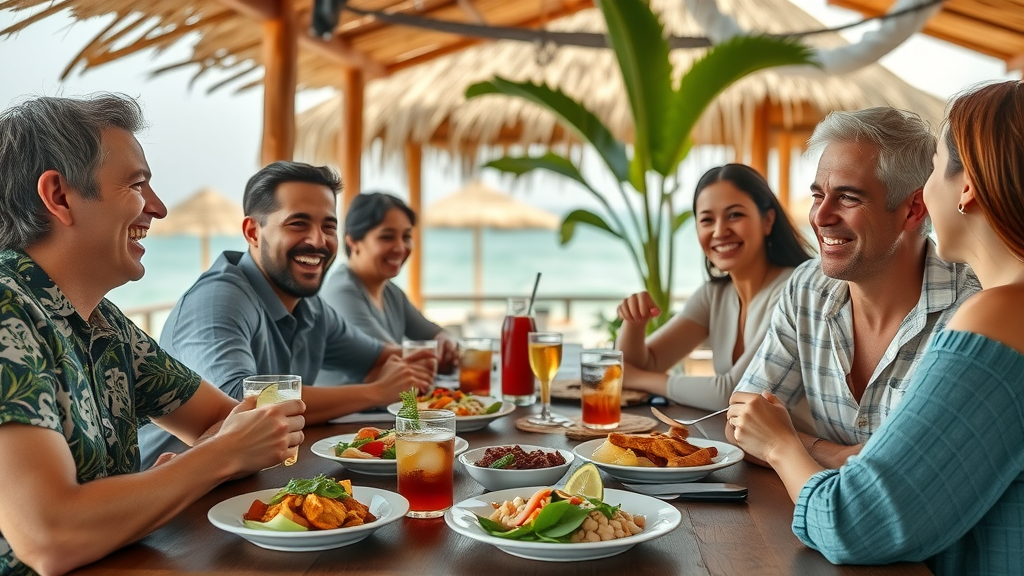 Cheerful family sharing a meal at open-air Cabo restaurant, ocean views, tropical plants, mouthwatering local dishes, ambient lighting