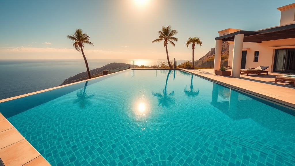 Luxury villa in San Lucas, infinity pool, palm trees, elegant architecture, panoramic ocean view, sunset lighting