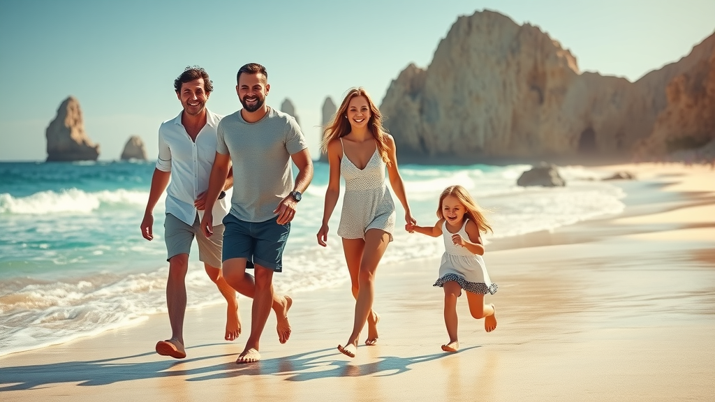 Vibrant family enjoying a tropical beach—joyful smiles, parents and children walking hand-in-hand along sunlit sand on Cabo San Lucas’ iconic shoreline with clear blue waters and rock formations.