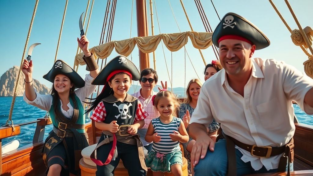 Exciting pirate ship tour with families—children dressed as pirates, parents smiling, lively and fun atmosphere on board a decorated ship in scenic Cabo San Lucas waters.