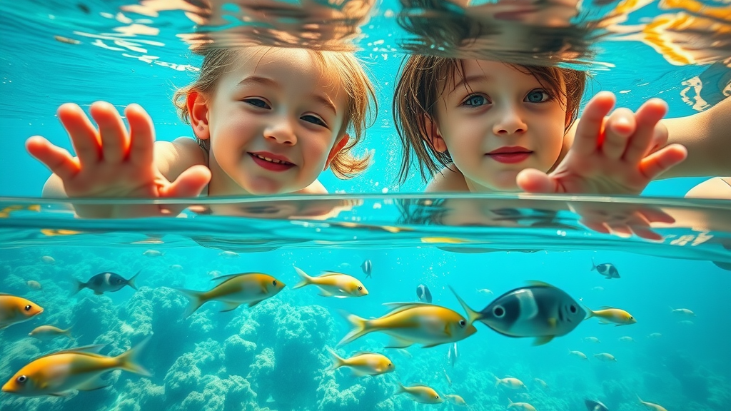 Children peering through a glass-bottom boat—fascination and awe, little hands pressed to the glass over Medano Beach’s turquoise waters, vivid marine life below.