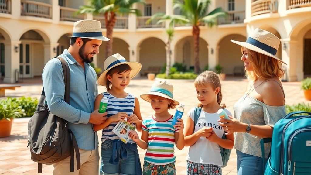 Family preparing for a day tour—parents applying sunscreen to children, organized in a sunny resort courtyard with hats and water bottles.