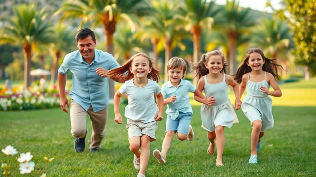 Happy family enjoying moderate weather outdoors—children running and playing in a lush Cabo San Lucas park with palm trees and flowers.