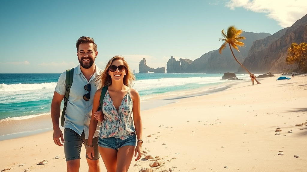 Panoramic view of Los Cabos coastline with travelers strolling along the sandy beach with Land’s End cliffs and palm trees, sun-dappled shoreline, and gentle ocean waves — los cabos travel guide