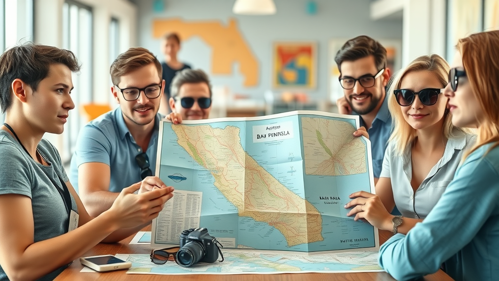Detailed illustrated map of the Baja Peninsula with travelers planning and map reading — baja peninsula los cabos travel guide