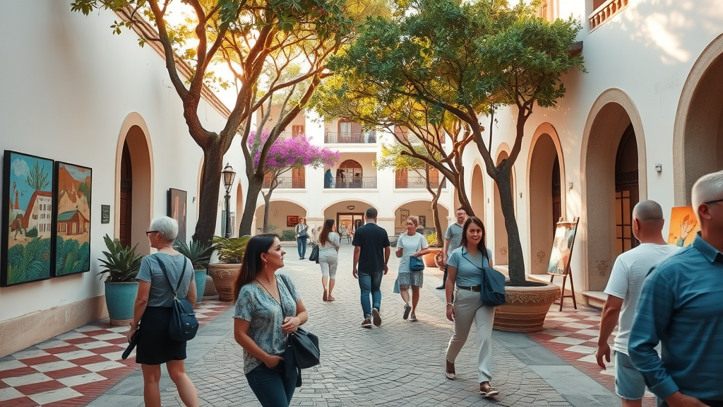 Colonial plaza in San José del Cabo lined with jacaranda trees, art galleries, and visitors admiring murals — san josé del cabo culture
