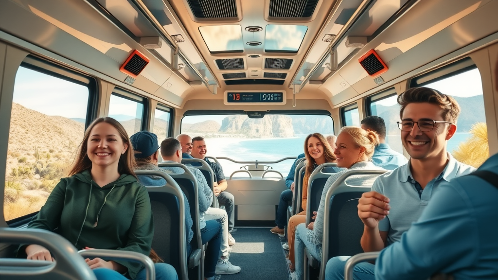Modern public bus traveling coastal highway, commuters enjoying views of cacti and ocean — cabo san lucas to san josé del cabo transportation
