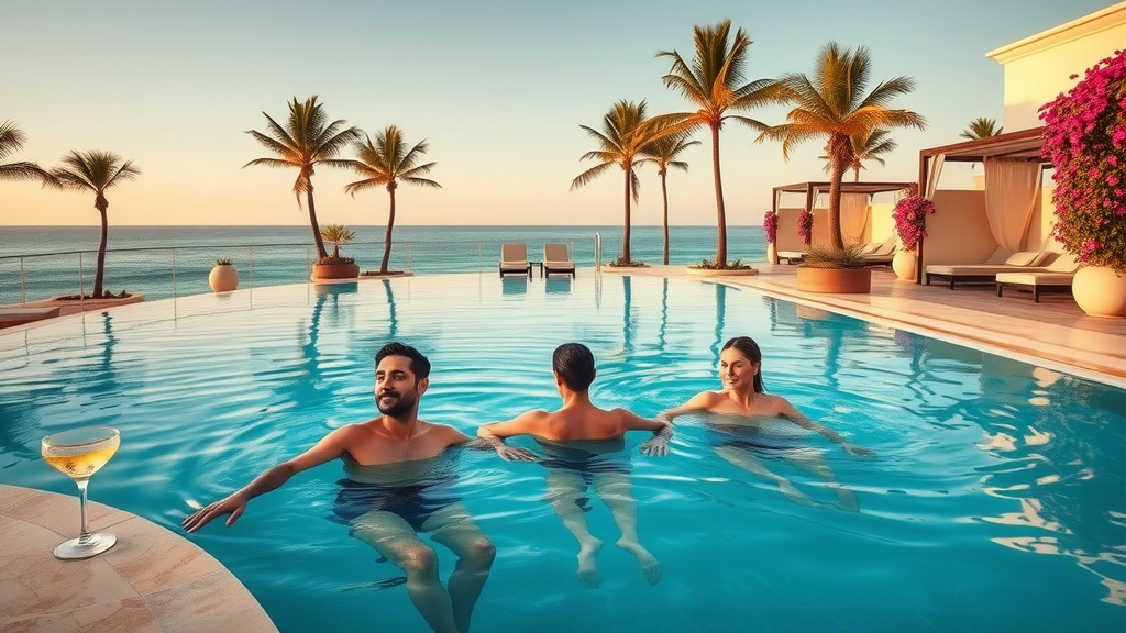Luxury resort pool with ocean view in Cabo San Lucas, guests relaxing poolside with cocktails and bougainvillea — cabo san lucas resort stays