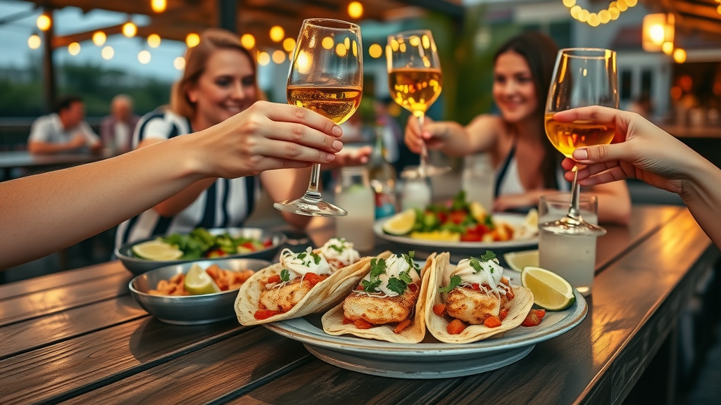 Gourmet plate of Baja fish tacos and ceviche, diners toasting with wine and tequila in an outdoor restaurant — los cabos food guide