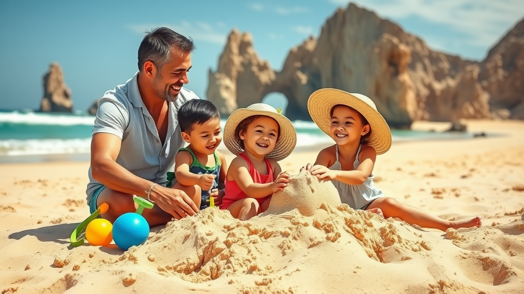 Vibrant Cabo San Lucas family beach day — smiling parents and two children, building a sandcastle and laughing together, styled as Photorealistic set on a wide, golden sandy beach with turquoise water, gentle waves, and dramatic rock formations in the background