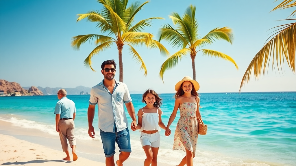 Sunny Cabo San Lucas bay panoramic — cheerful young family in lightweight vacation outfits, smiling and holding hands while strolling a scenic shoreline