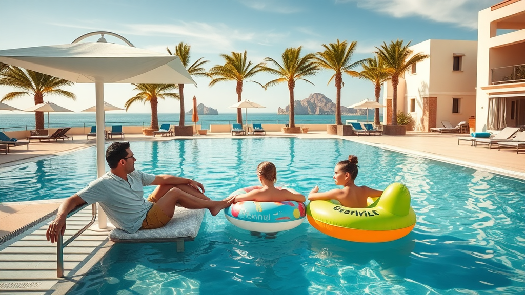 Modern Cabo family resort poolside — family of four relaxing on loungers under shaded umbrellas, parents chatting and children playing with pool floats