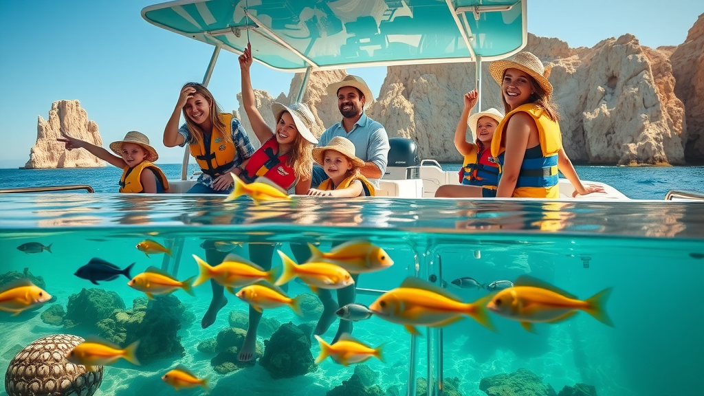 Adventurous family on a Cabo glass bottom boat — excited kids pointing at colorful fish, parents smiling, everyone in sun-safe hats and life vests