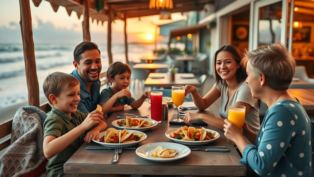 Cozy Cabo family dining scene — happy parents and children sharing tacos and fresh juice at an open-air seaside restaurant