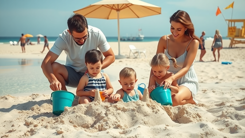 Secure Cabo family beach play — attentive parents gently watching kids build sandcastles near shoreline, umbrella and visible lifeguard tower present