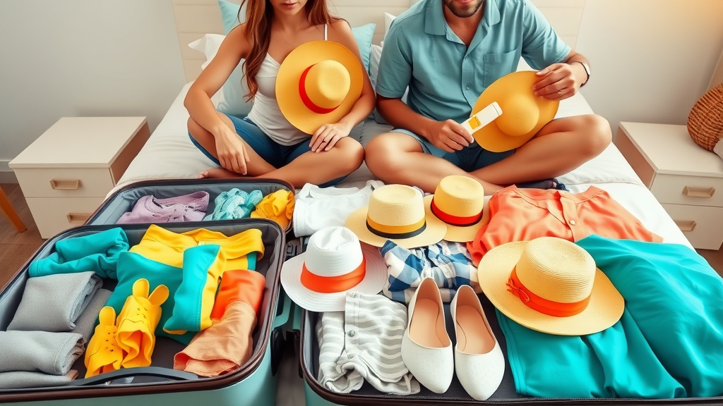 Orderly family suitcase packing for Cabo — parents and kids sorting colorful clothes, sun hats and water shoes, sunscreen in hand