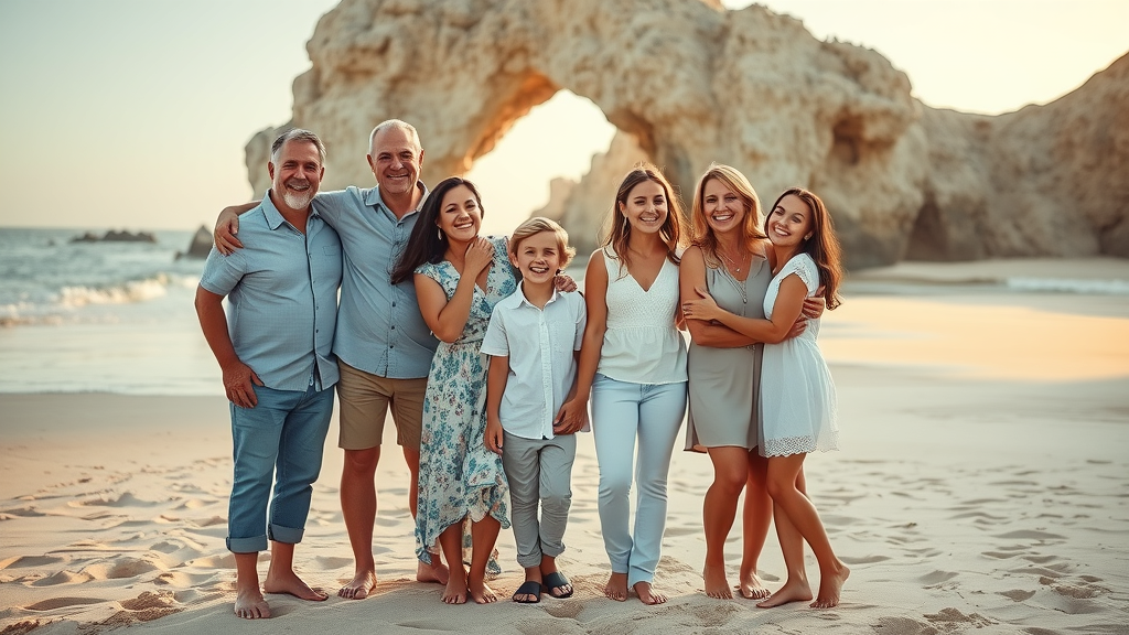 Joyful multi-generational family in Cabo — grandparents, parents, and kids posing together on a sandy Cabo beach under El Arco, with gentle surf and playful energy