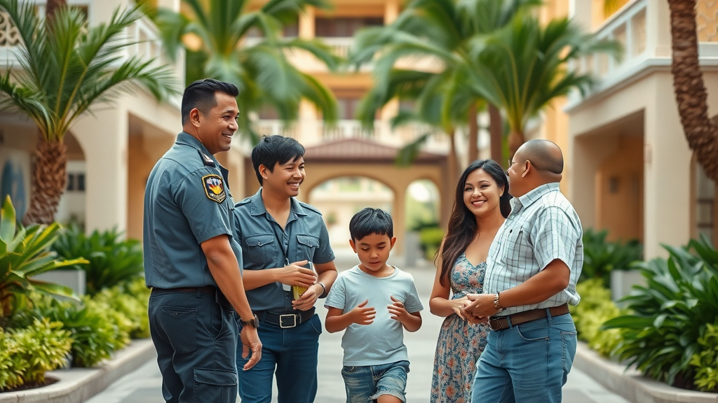 Local tourism security for safe family travel cabo, friendly security staff assisting a family at a resort entrance in a palm-bordered hotel driveway, clear Caribbean-style architecture, visible security and lush green surroundings.