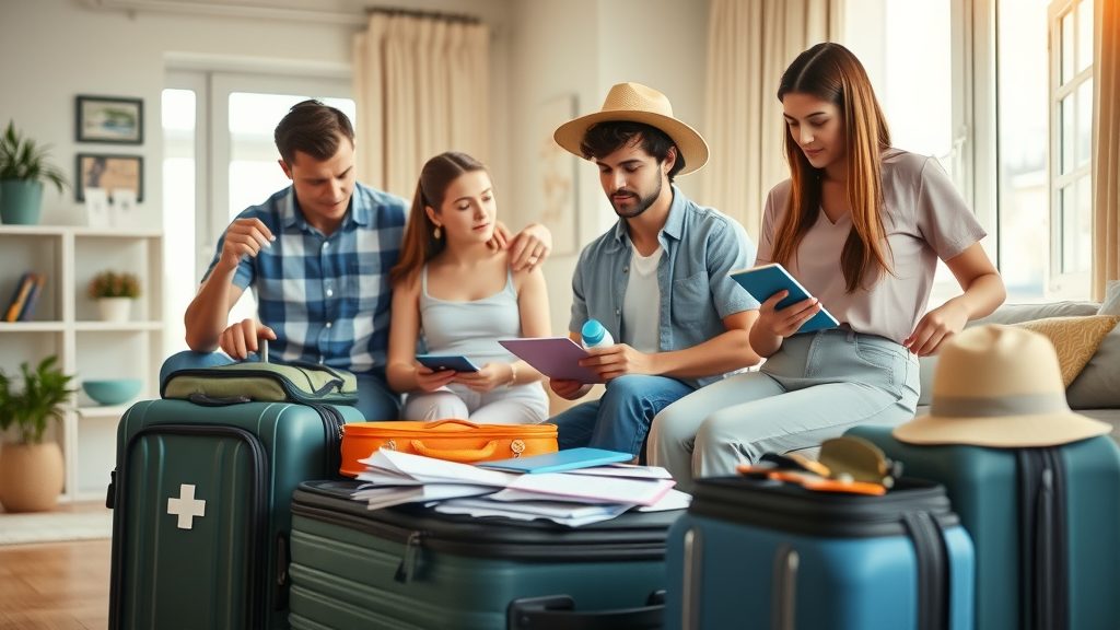 Family organizing travel preparations for safe family travel cabo, packing first-aid kit, travel documents, and sun hats in a cozy, sunlit living room with checklists and water bottles.