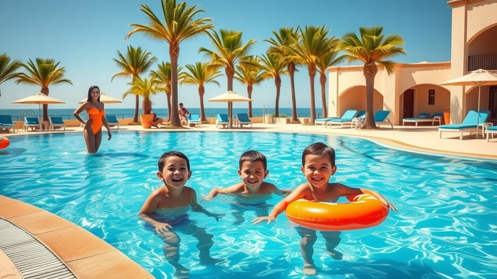 Happy children playing safely by a monitored pool for safe family travel cabo, lifeguard standing nearby, parents relaxing under cabanas in a vibrant resort with palm trees and ocean in the background.