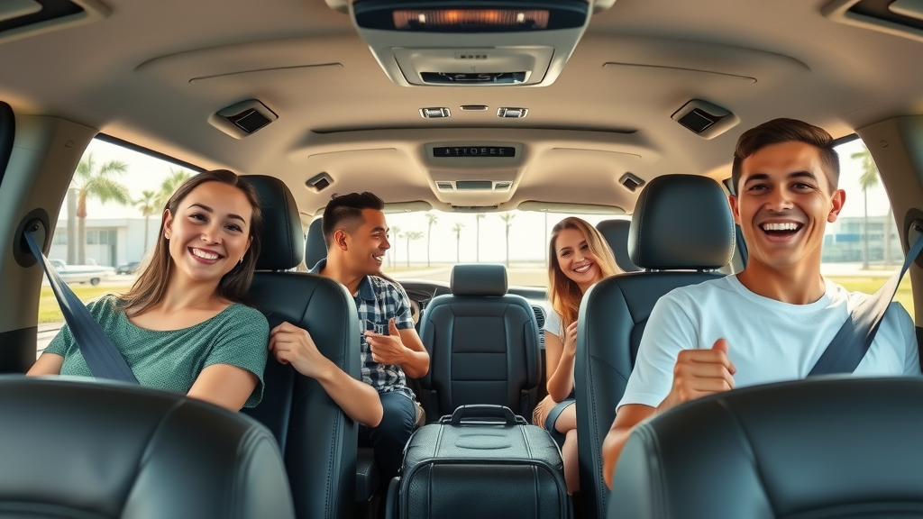 Family buckling seat belts in a clean shuttle van for safe family travel cabo, cheerful bilingual driver, luggage stacked, safe airport pickup area with palm trees outside.
