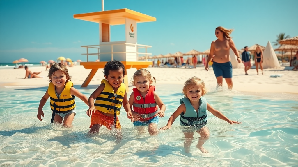 Children near lifeguard stand on Medano Beach for safe family travel cabo, wearing life jackets, adults supervising nearby on sand with clear gentle waves and beach umbrellas in view.