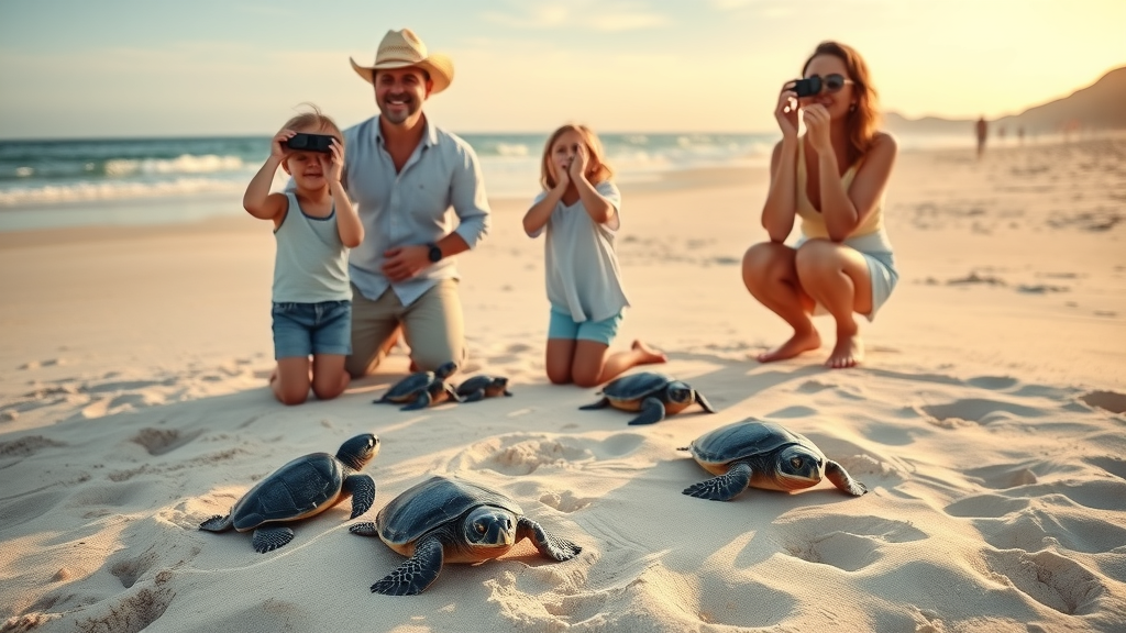 Kids observing sea turtles with guide on a Baja California Sur beach at sunrise, for safe family travel cabo, family joyfully kneeling in sand, gentle surf and footprints in background.