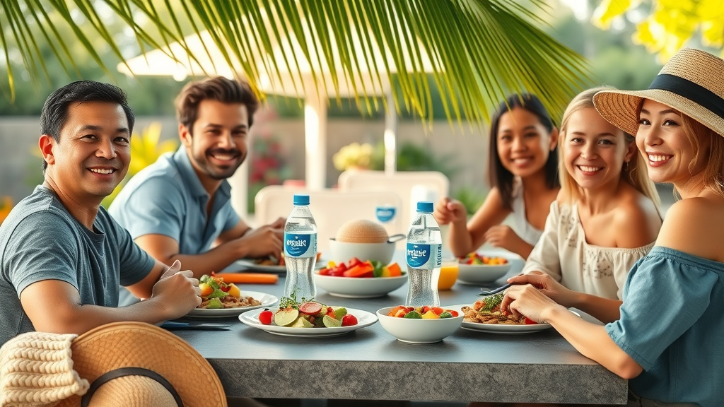 Smiling family enjoying bottled water and fresh Mexican food for safe family travel cabo, alfresco dining on a shaded patio in Los Cabos with palm leaves and salads on the table.