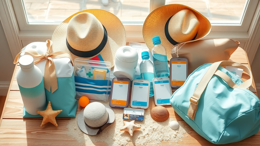 Organized vacation gear for safe family travel cabo, includes sunscreen, hats, water bottles, first-aid kit, travel IDs, and travel bags arranged on a sunny table.