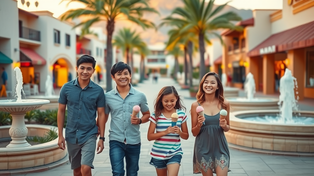 Content family strolling through family-friendly Cabo neighborhood for safe family travel cabo, sunset glow, fountains, palm-lined walkways, and colorful local shops.